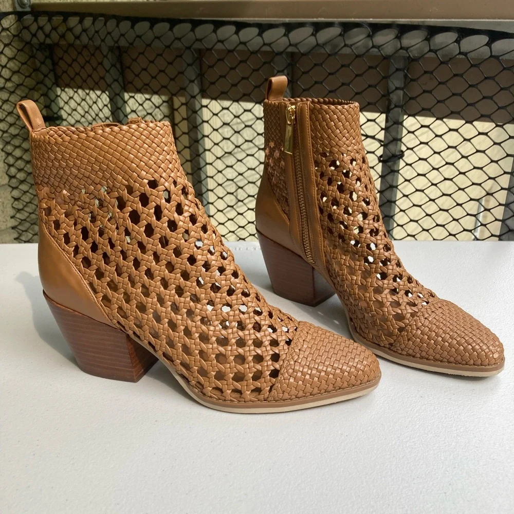 Michael Kors Augustine Tan Brown Woven Leather Ankle Bootie Western Style Boot